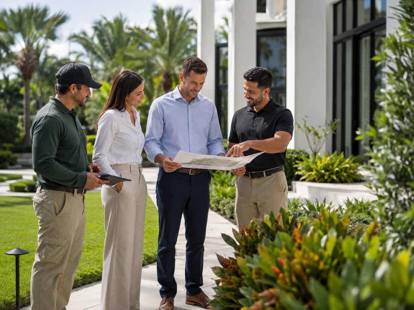 Business professionals discussing plans at client site
